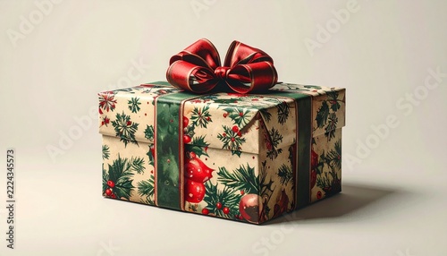 Close up on Christmas gift box with patterns and ribbon isolated on white background 