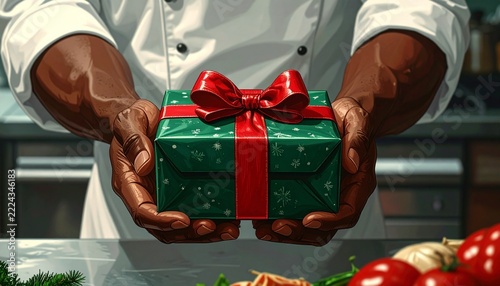 Illustration of A professional chef holding a green gift box with red ribbon 