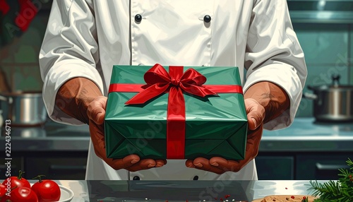 Illustration of A professional chef holding a green gift box with red ribbon 