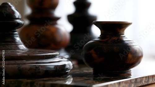 Polished wooden objects with rich grain patterns rest on a reflective surface under soft  diffused lighting