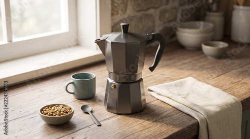 Grey stovetop moka pot with coffee beans and cup on a rustic wooden