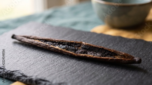 Split vanilla bean pod with visible seeds on a dark slate board for