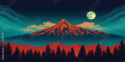 Mountain peak glowing red under full moon at night with starry sky, teal swirling clouds and pine tree silhouettes