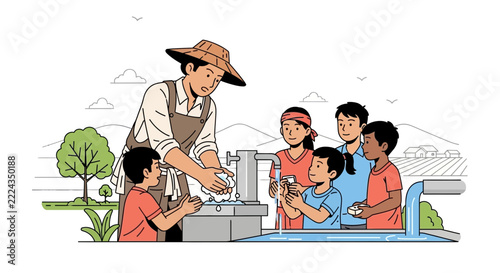 Community hygiene: farmer teaching children handwashing at water pump