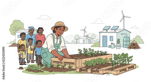 Community garden with diverse family tending crops and sustainable living