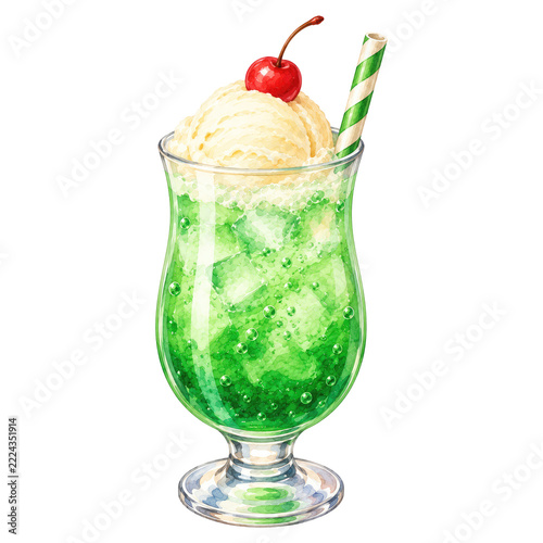 Refreshing Melon Cream Soda Float with Vanilla Ice Cream and a Cherry