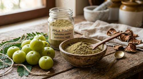Amla Powder and Fresh Gooseberries on Rustic Wooden Table Ayurvedic Herb