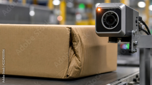 Industrial parcel inspection camera scans large cardboard box with crushed corner on conveyor belt, supporting automated package handling in modern warehouse