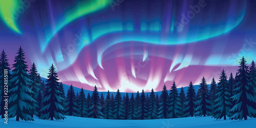 Aurora borealis northern lights over snowy winter forest at night with starry sky and spruce tree silhouettes