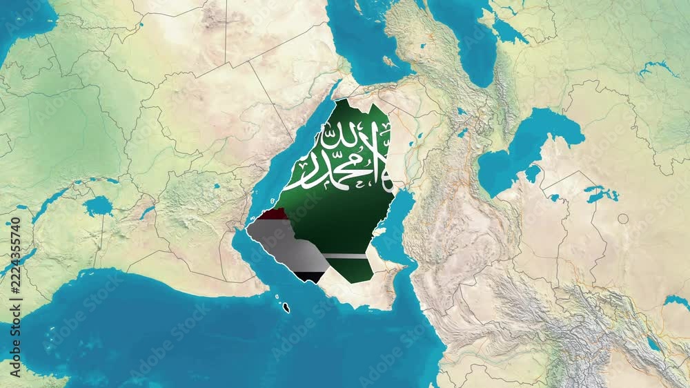 Language Map With Flags Saudi Arabia and Yemen border flags superimposed on a geographical map ...