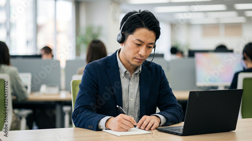 通話中にメモを取る30代の日本人男性のコールセンターのオペレーター：カスタマーサポートの仕事のイメージ