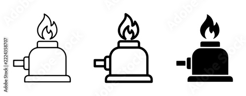 Bunsen burner icons set with flame and control knob for science lab and education