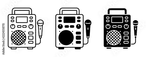 Karaoke machine and microphone set, audio speaker and sound system icons