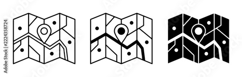 Map icons set with location pin and points for navigation and travel planning