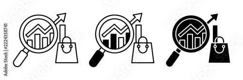 Magnifying glass over bar chart and shopping bag set, market research icons for business