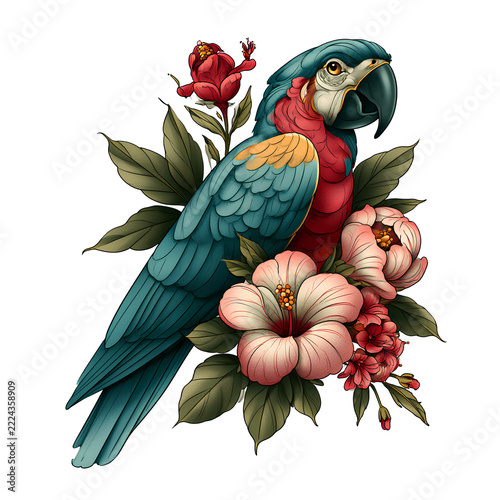 parrot on a branch of flowers