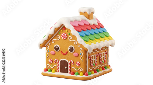 Cute 3D Gingerbread House with Colorful Candy Roof and Icing Decorations