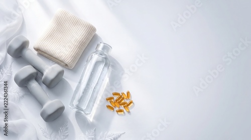 Health and Hydration: Water Bottle, Supplements, and Towel