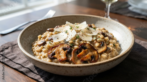 Creamy mushroom barley risotto served in a rustic bowl. Hearty vegetarian orzotto garnished with parmesan and fresh thyme