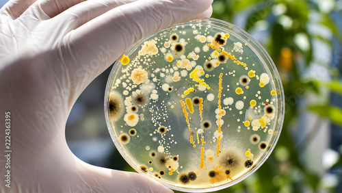 Gloved hand holding a Petri dish with mixed microbial colonies in a laboratory. Conceptual microbiology photograph showing bacterial and fungal growth on culture medium.