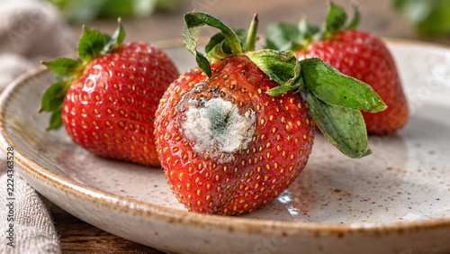 Mould growing on a strawberry, close-up photograph showing fungal food spoilage, contamination and decay of fresh fruit