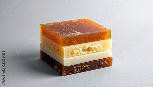 Stack of handmade organic soap bars with textured layers in warm amber and cream tones for natural skincare routines.