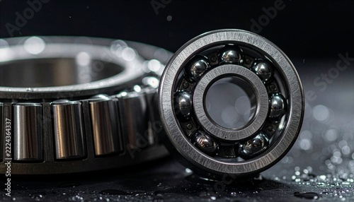 Shiny steel ball bearings resting on a dark surface in an industrial workshop environment