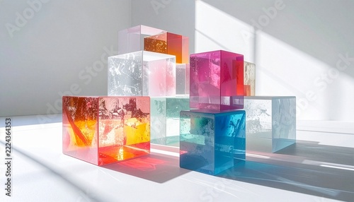 Stack of vibrant multicolored transparent acrylic cubes creating light refractions on a white surface.