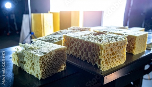 Stacked rectangular porous yellow foam blocks on a dark surface in a well lit environment