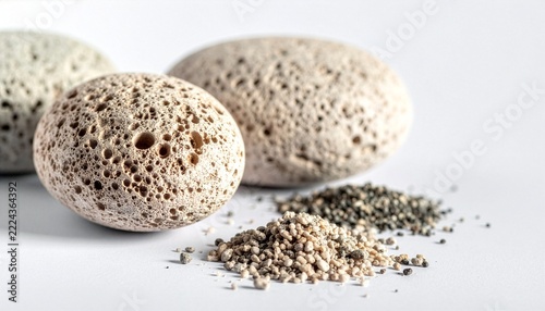 Two porous pumice stones with piles of volcanic granules used for skincare treatments and body exfoliation procedures.