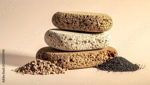 Stacked natural volcanic pumice stones for skincare and exfoliation on a neutral background
