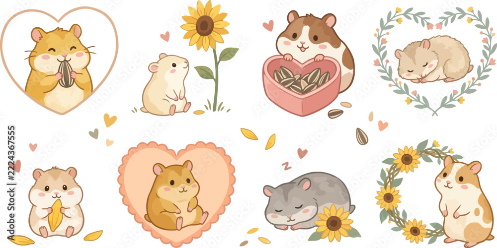 Fototapeta premium Set of cute cartoon hamster illustrations with sunflowers and hearts for stickers or scrapbooking.