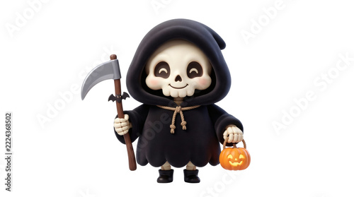 Cute 3D Grim Reaper Skeleton Character with Scythe and Pumpkin Bucket