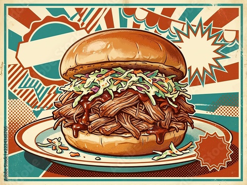 Retro pop art illustration of BBQ pulled pork sandwich with coleslaw. Vintage comic book style poster for National Sandwich Day. American diner comfort food