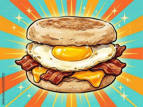 Vibrant pop art illustration of bacon egg and cheese breakfast sandwich. Retro sunburst poster for National Sandwich Day. Classic morning comfort food