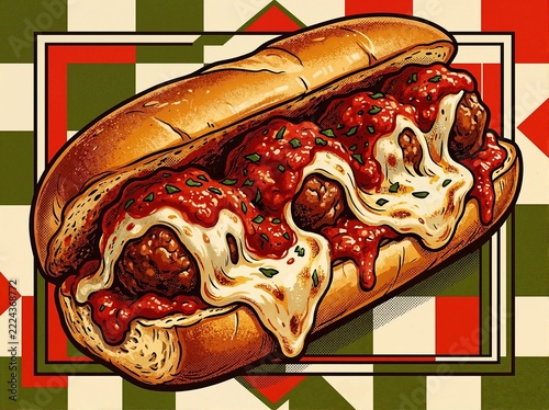 Vintage illustration of meatball sub sandwich with melted cheese and marinara. Retro Italian American poster for National Sandwich Day. Classic comfort food
