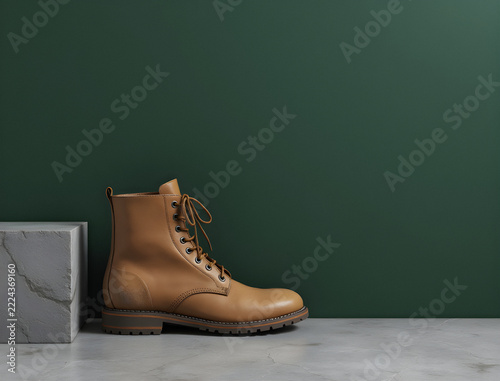 Weathered hiking boot resting on grey stone with deep green backdrop and long shadow