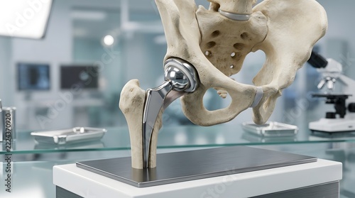Anatomical model of a human hip joint with a metallic prosthetic implant mounted on a stand  set against a blurred background of medical equipment and monitors