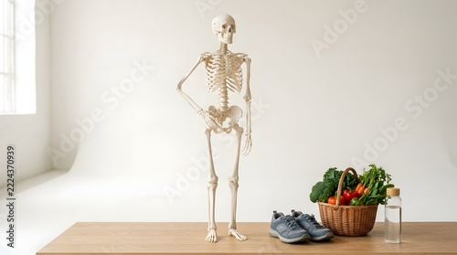 A full sized human skeleton model is positioned on a wooden surface next to a wicker basket filled with colorful produce  athletic footwear  and a clear water bottle