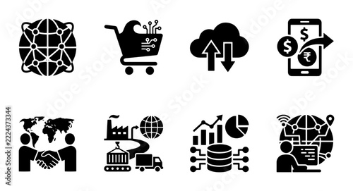 Business and technology icons set with globe, shopping cart, cloud, mobile payment, handshake, logistics, data and network