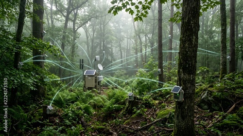 In a lush  fog covered forest  multiple sensor nodes with solar panels are connected by glowing green data streams  indicating environmental monitoring