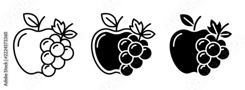 Apple and grape icons set with line art and solid fill, healthy food symbols for apps