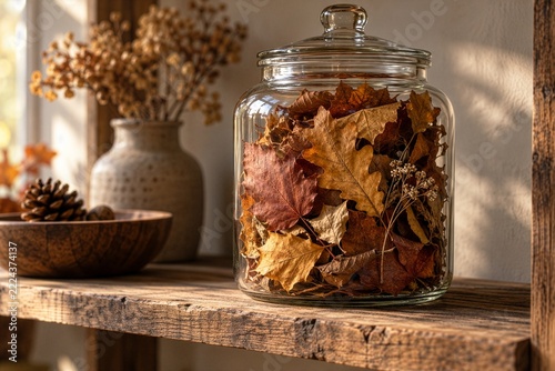 Autumn leaves preserved in glass jar on rustic wooden shelf, seasonal home decor and connection to nature concept