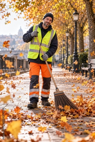 Autumn park cleanup by smiling street cleaner sweeping fallen leaves, seasonal maintenance and community care concept