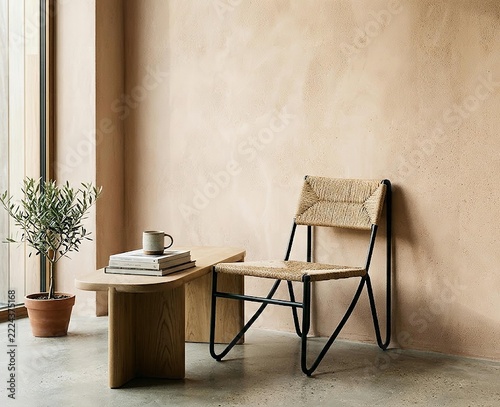 Cozy minimalist interior with a modern table and chair