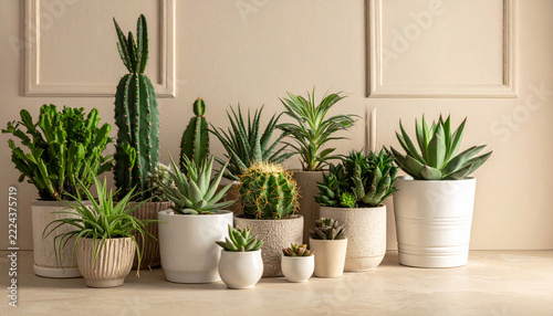 Diverse succulent and cactus plants in ceramic pots