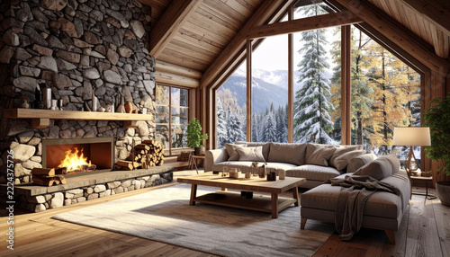 Cozy cabin living room with winter mountain view