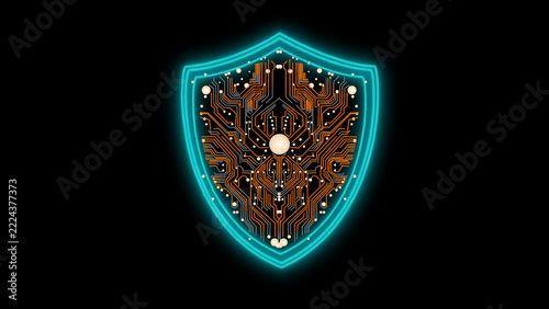 shield-shaped emblem with circuit-like patterns, glowing in orange and teal hues. technological protection or digital security.