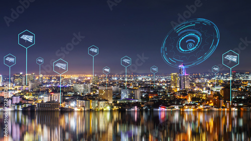 Smart city relection on sea and  Solar Cell futuristic monitor show check point security technology