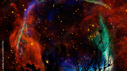 Supernova Remnant RCW 86 rotating over silhouette dry branch trees